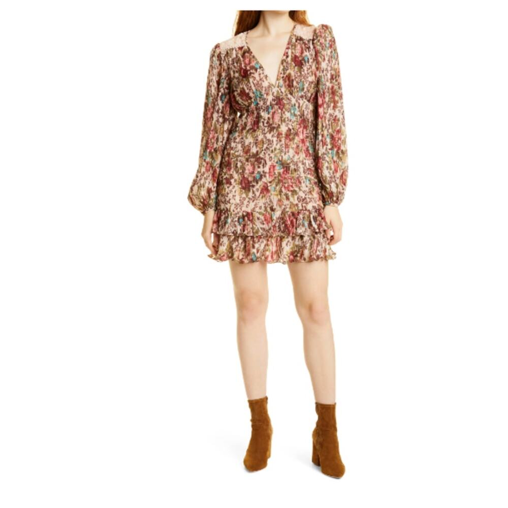 byTimo Long Sleeve Plissé Mini dress Brown Floral Autumn L